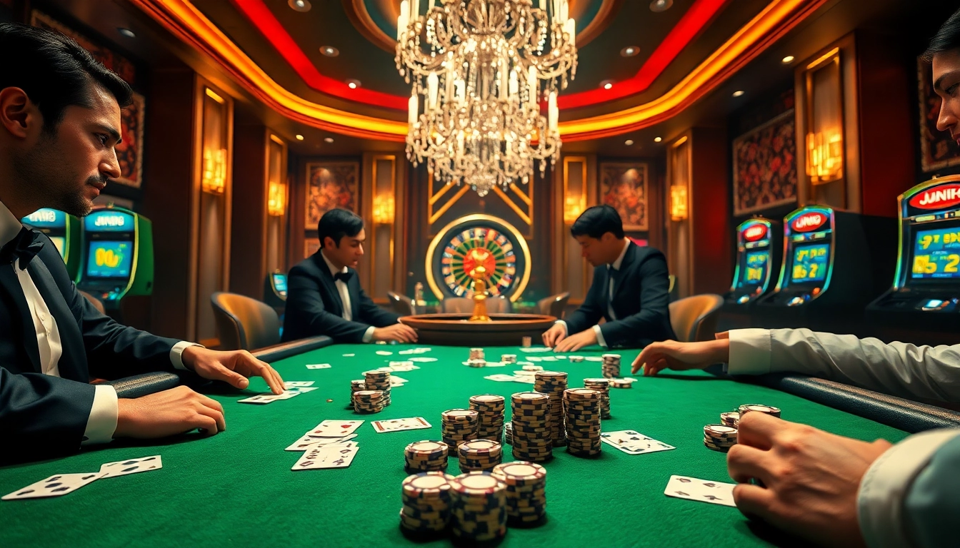 Thrilling Jun88 poker game scene at a luxurious casino with players and cards.