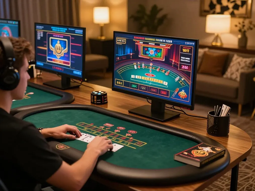 Engaging online poker gameplay showcasing casinosscope strategies in a comfortable home setting.