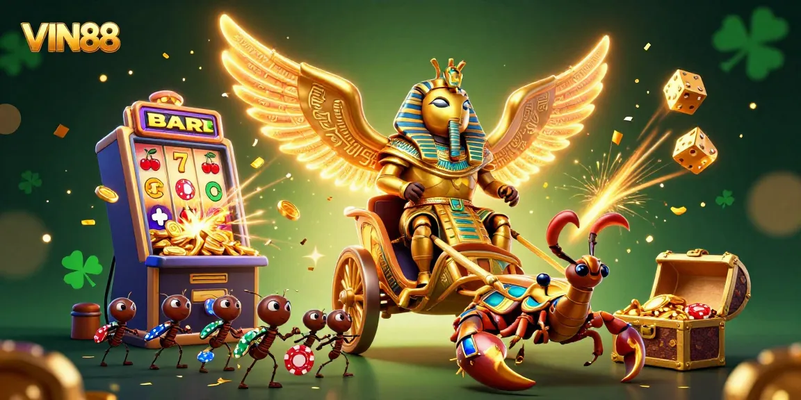 Experience VIN88's vibrant casino atmosphere with a golden scarab beetle, jackpot explosions, and dynamic gaming action.