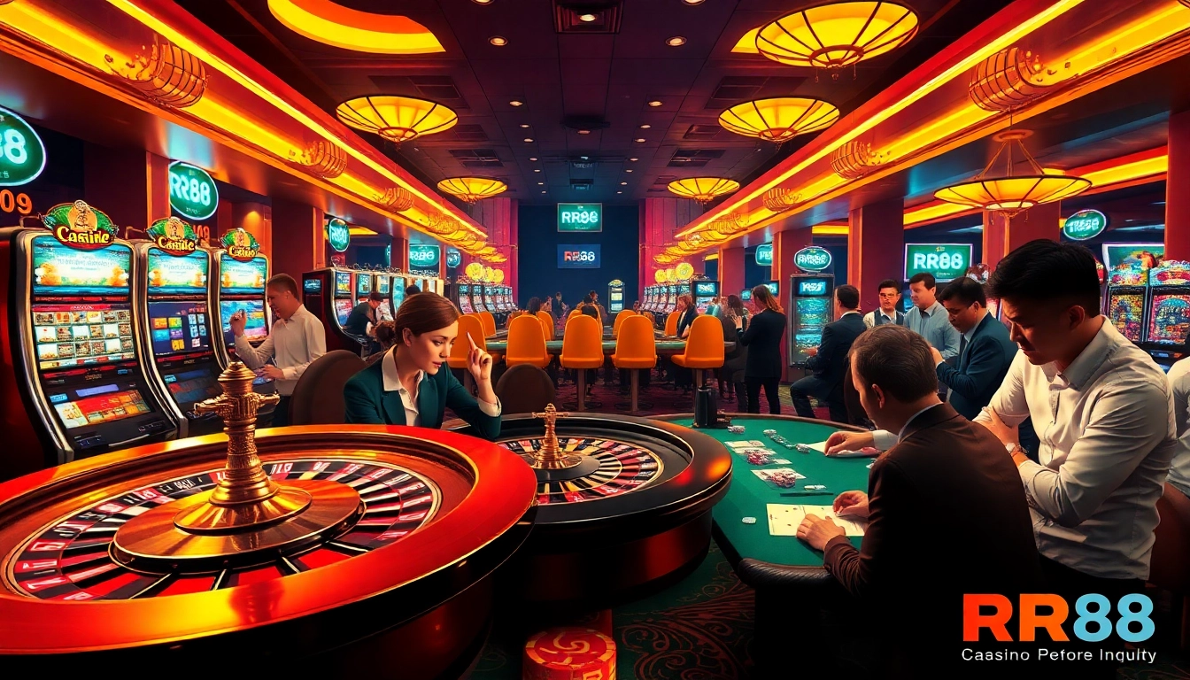 Experience RR88's thrilling casino atmosphere with vibrant gambling elements and excited players.