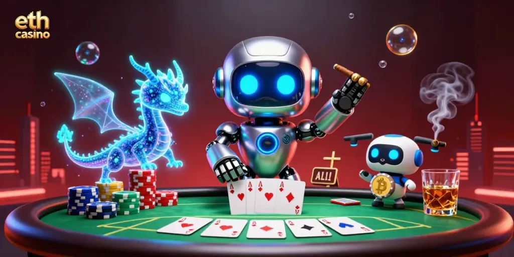 Experience the thrill of eth casino with a vibrant scene filled with animated characters and poker elements.