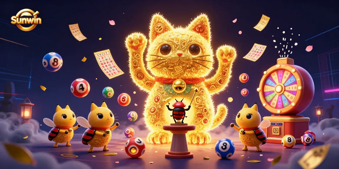 Experience the excitement of Sunwin with a dynamic illustration of a lucky cat at a casino.