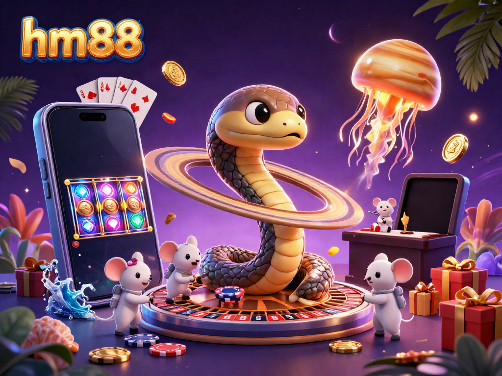 Experience thrilling gameplay with hm88, where cosmic characters spin a roulette wheel amidst vibrant casino elements.