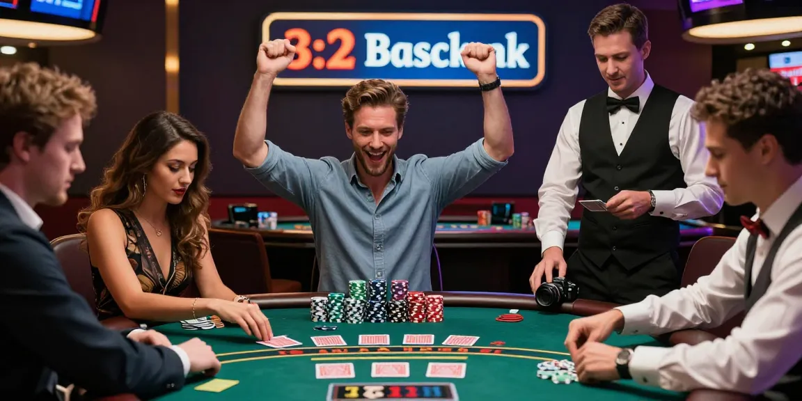 Diverse players enjoying a thrilling game of 3 2 blackjack at a bustling casino table.