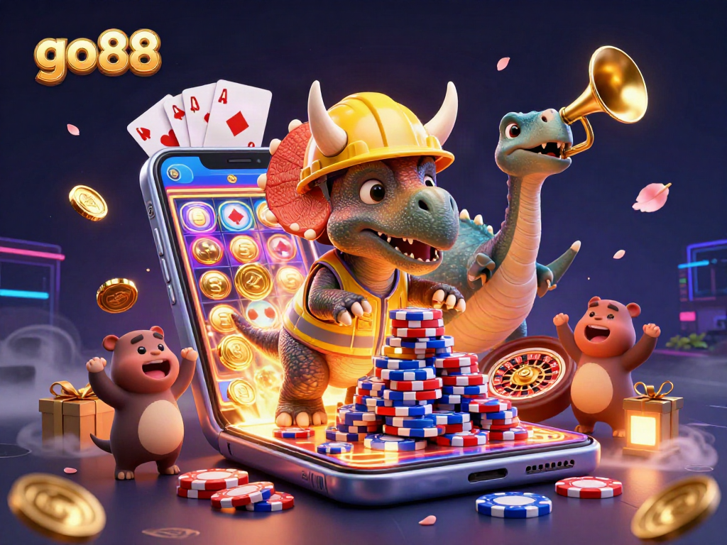 Engage with go88 through a vibrant casino scene with a triceratops and dynamic elements.