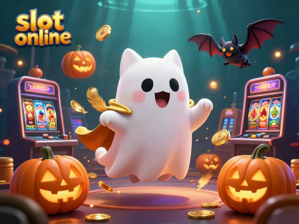 Immerse yourself in slot online action with a ghostly cat, a bat, and glowing pumpkins in a dynamic casino scene.