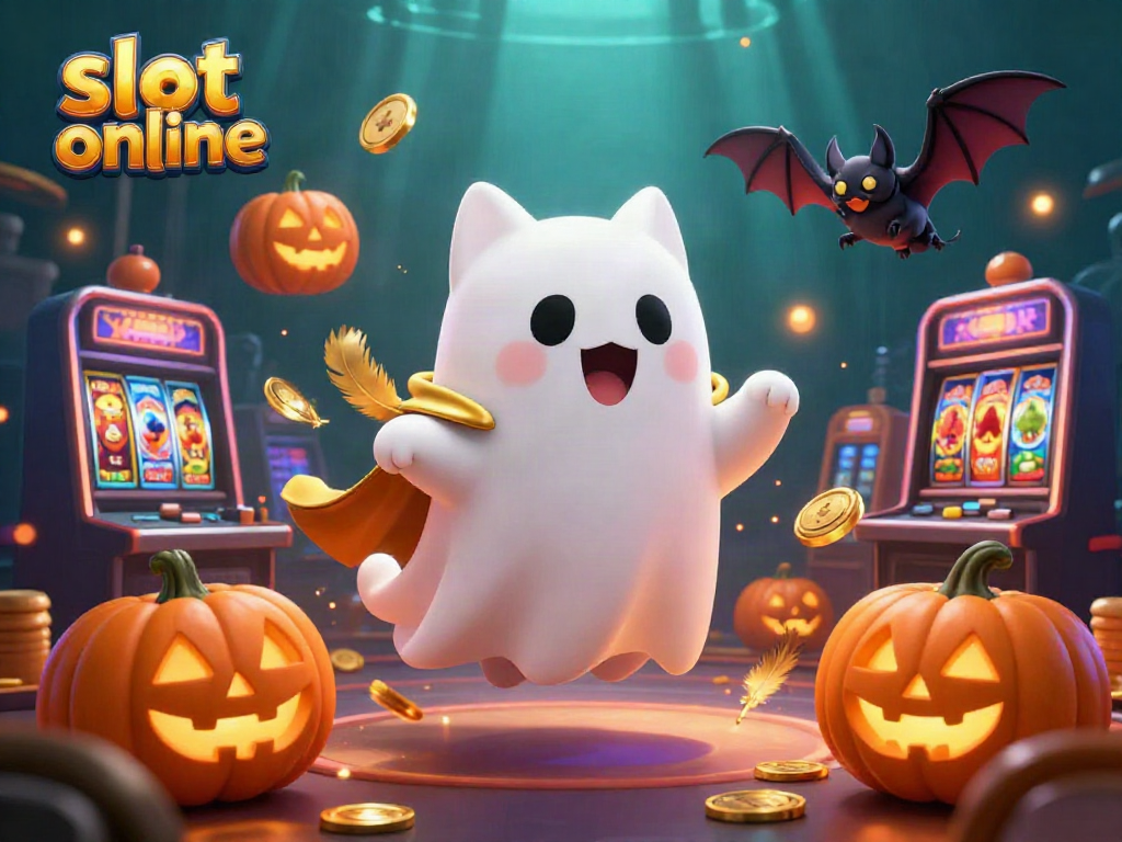 Immerse yourself in slot online action with a ghostly cat, a bat, and glowing pumpkins in a dynamic casino scene.