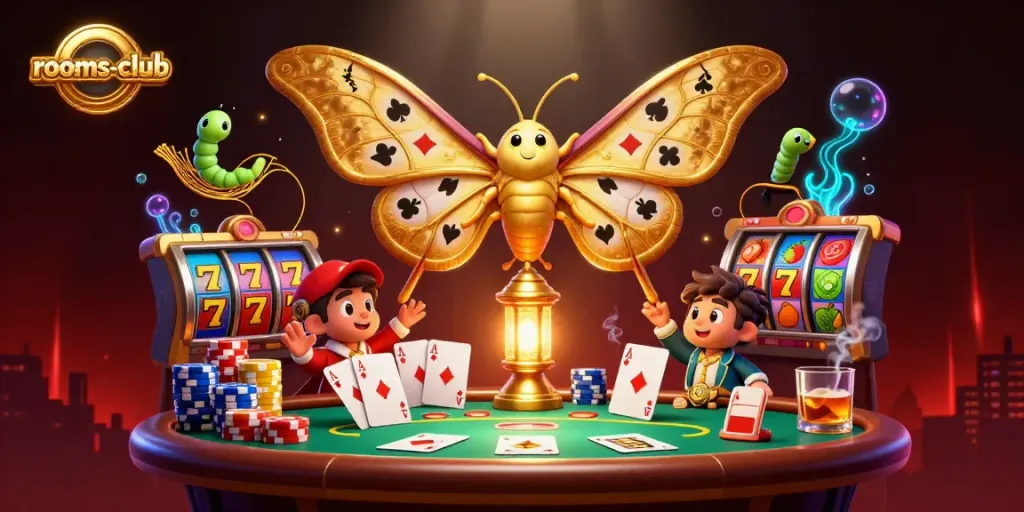 Menggandakan pengalaman bermain di rooms-club dengan ilustrasi kasino 3D yang menampilkan karakter unik dan elemen permainan.