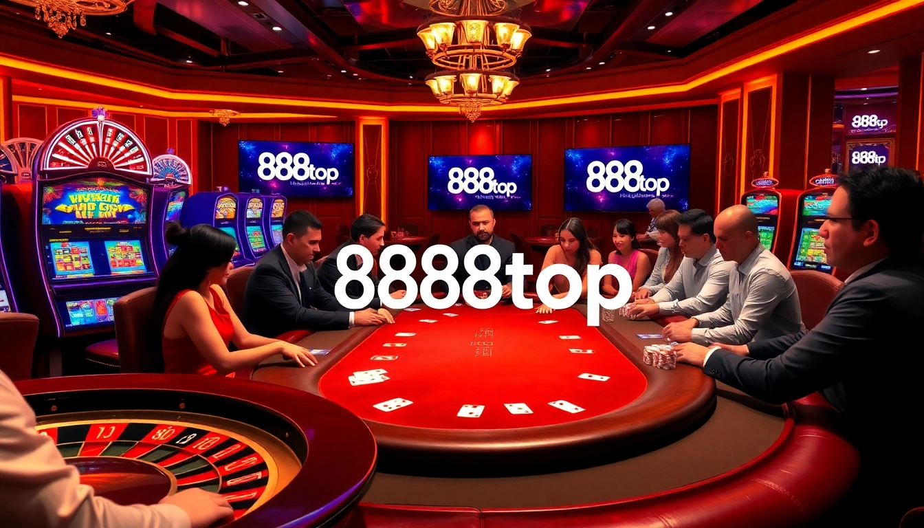 Engaged gamblers playing poker at an elegant table while showcasing the 888top link in a vibrant casino.