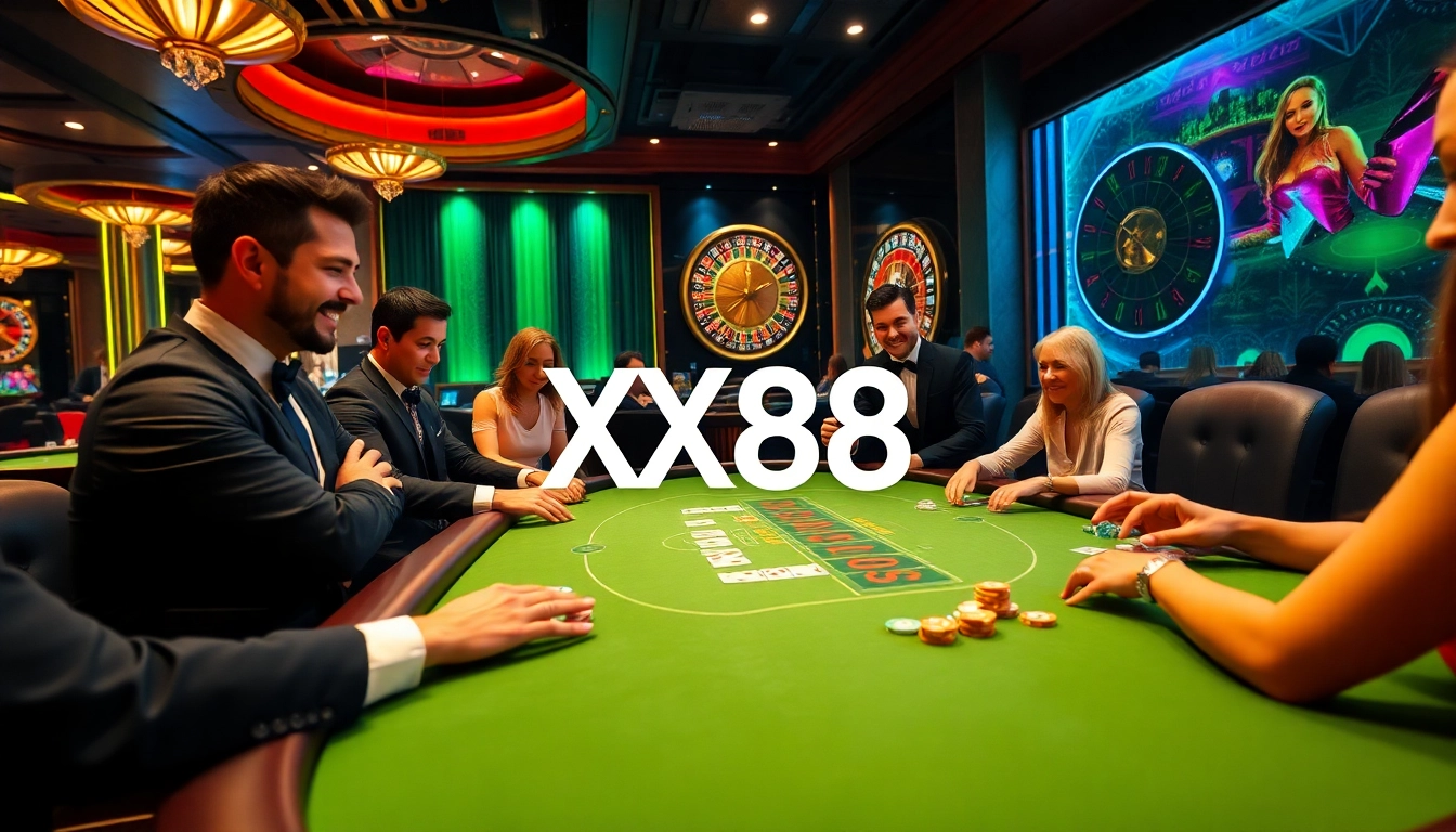 Players enjoy an exciting poker game at XX88, showcasing luxury and thrill in online gambling.
