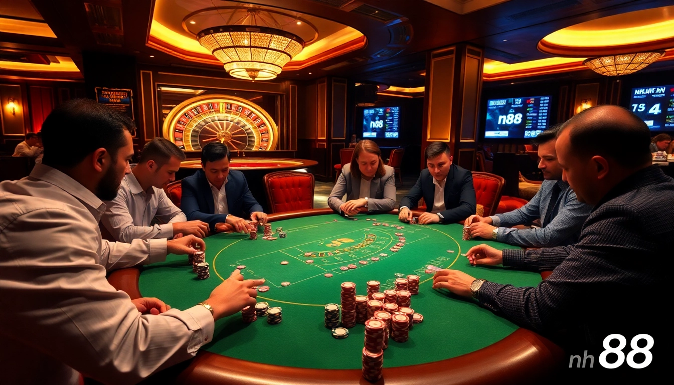 Engaged players at a vibrant nh88 poker table in an upscale casino environment.