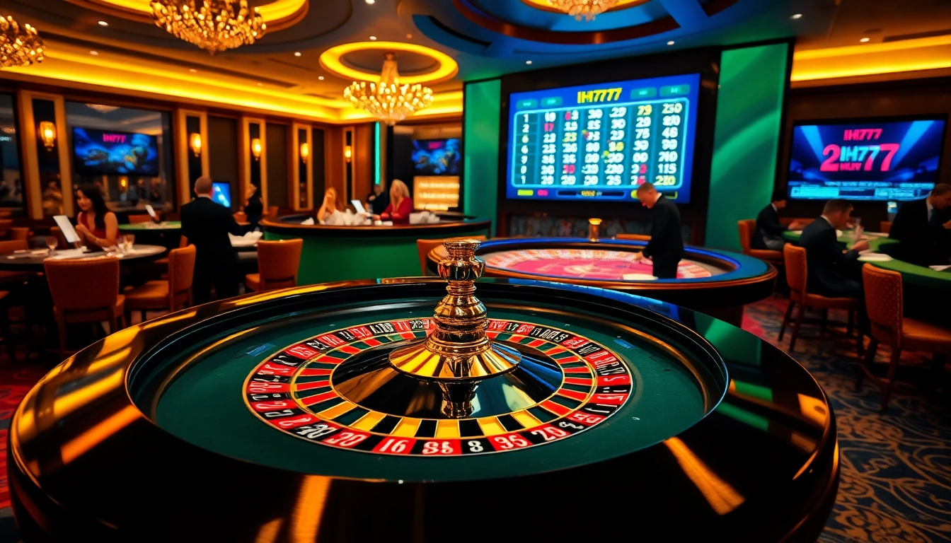 Experience IH777 excitement at a luxurious casino roulette table with vibrant chips and engaging players.