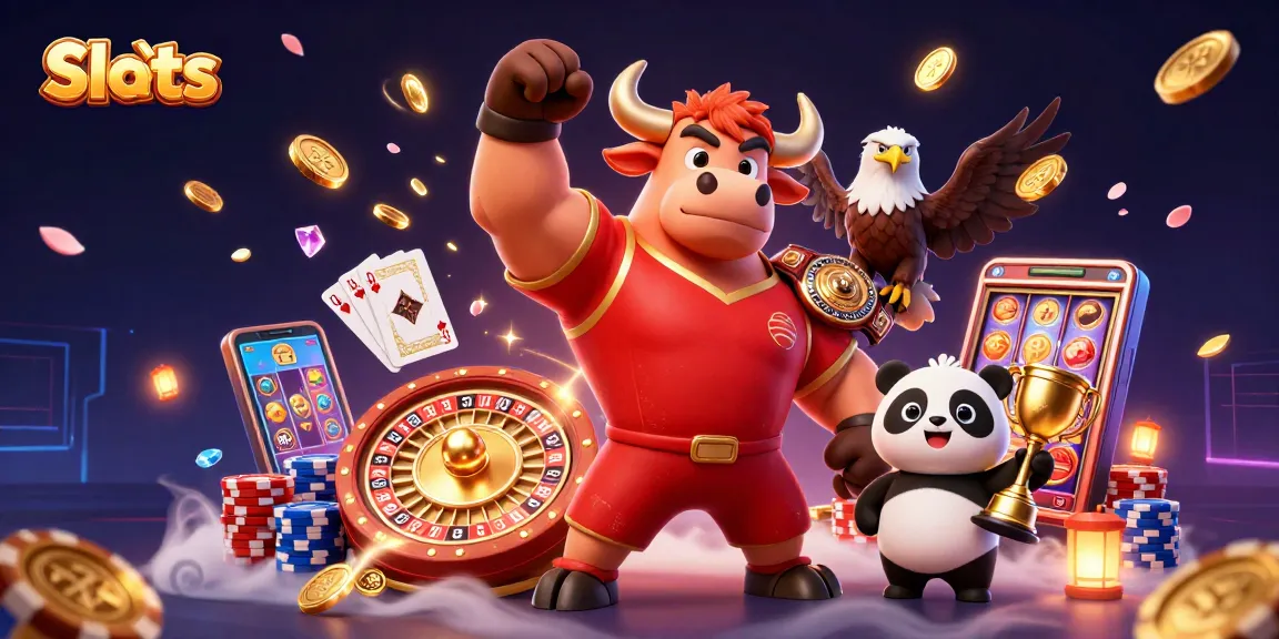 Spin the Slots with a victorious bull mascot, eagle, and panda celebrating amidst glamourous casino elements.