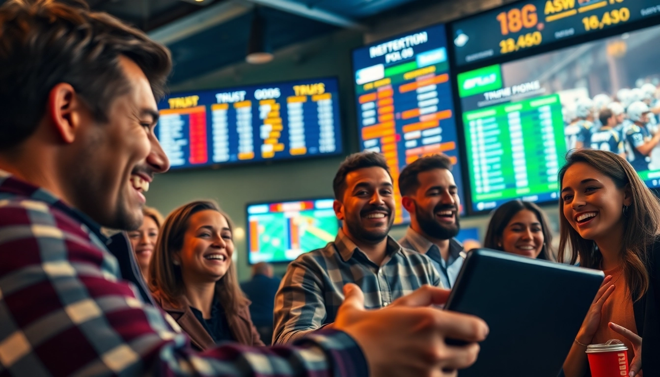 Engaging sports betting scene celebrating wins with friends and live odds displays.