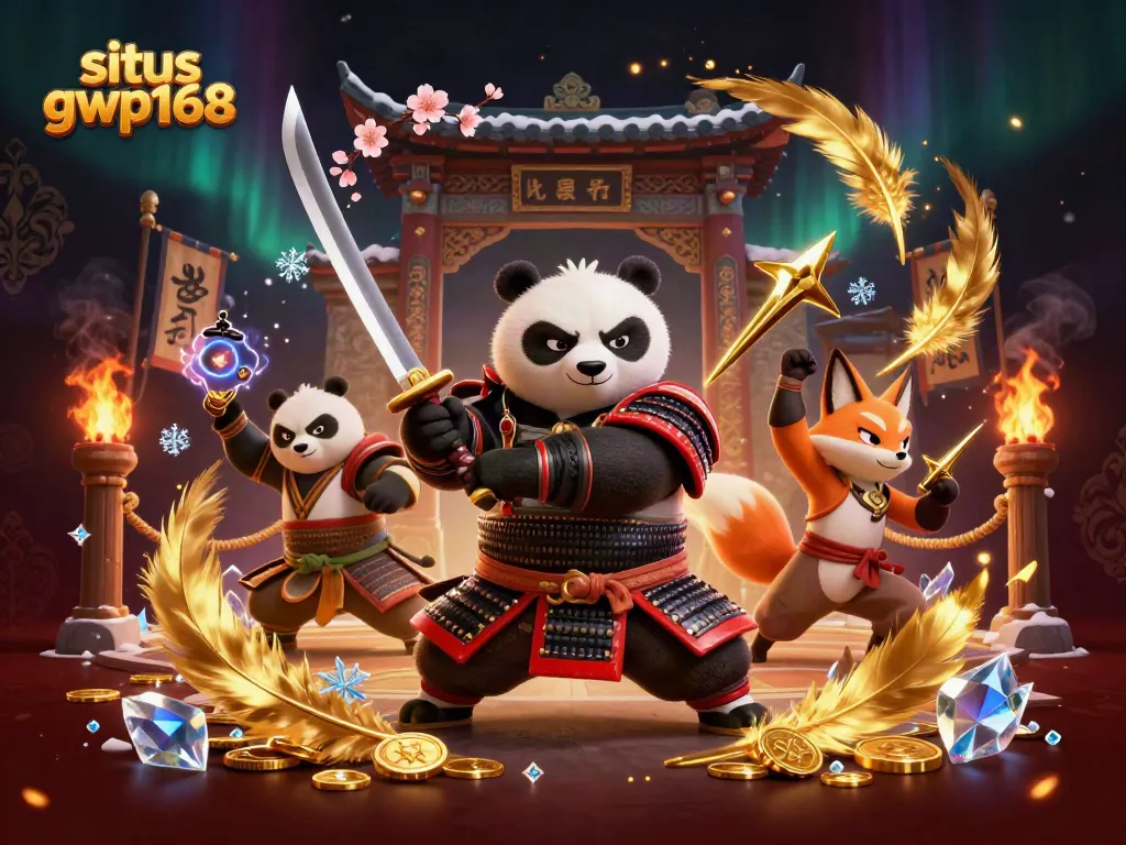 Situs gwp168 menampilkan samurai panda, ninja fox, dan tanuki dalam arena permainan slot yang megah.