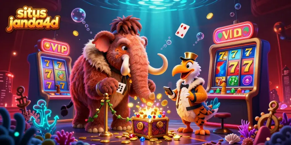 Ilustrasi situs janda4D menampilkan karakter mamut dan harimau dengan elemen kasino.