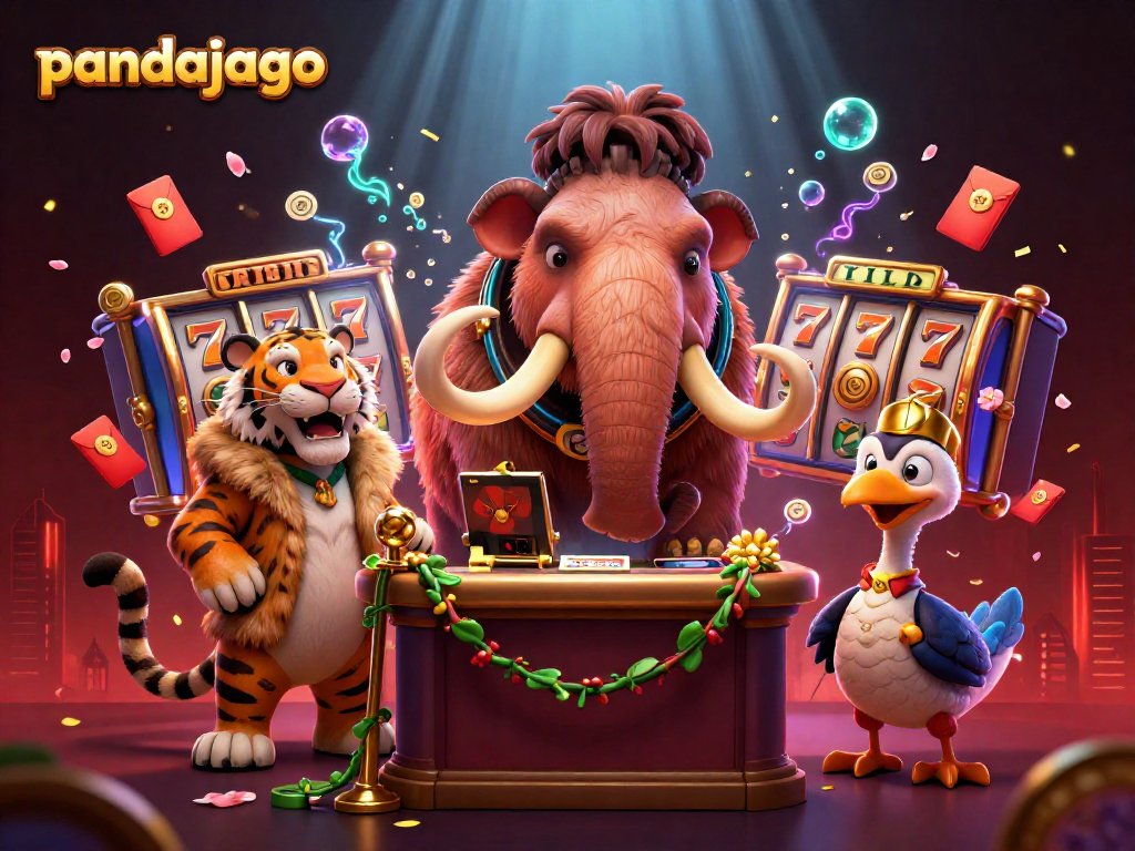 Pandajago menampilkan gajah berbulu 3D sebagai petugas keamanan kasino dengan simbol jackpot berkilauan di sekitarnya.