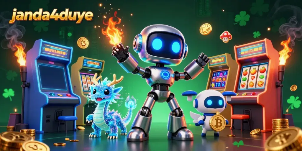 Visualisasi permainan slot yang menarik di janda4duye dengan robot cyberpunk dan elemen kasino lainnya.
