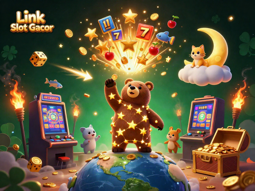 Visualisasi menarik dari Link Slot Gacor, menampilkan beruang berbintang dan mesin slot yang meledak dengan koin emas.