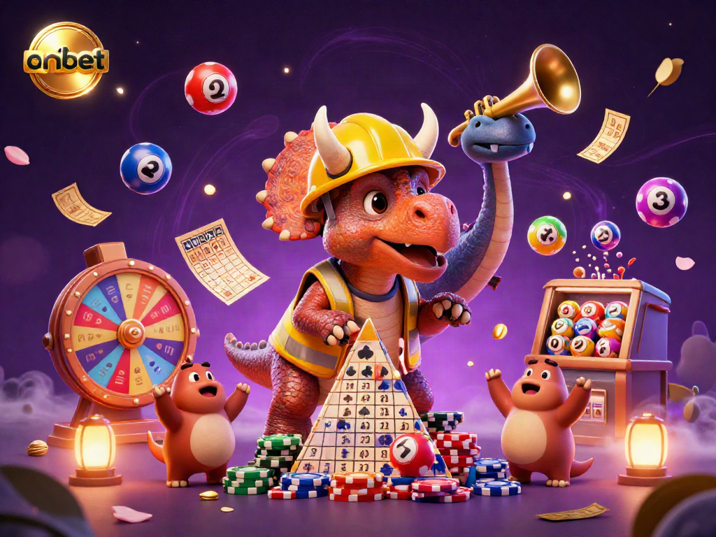 Experience thrilling moments at onbet with this vibrant scene depicting a triceratops celebrating in a casino environment.