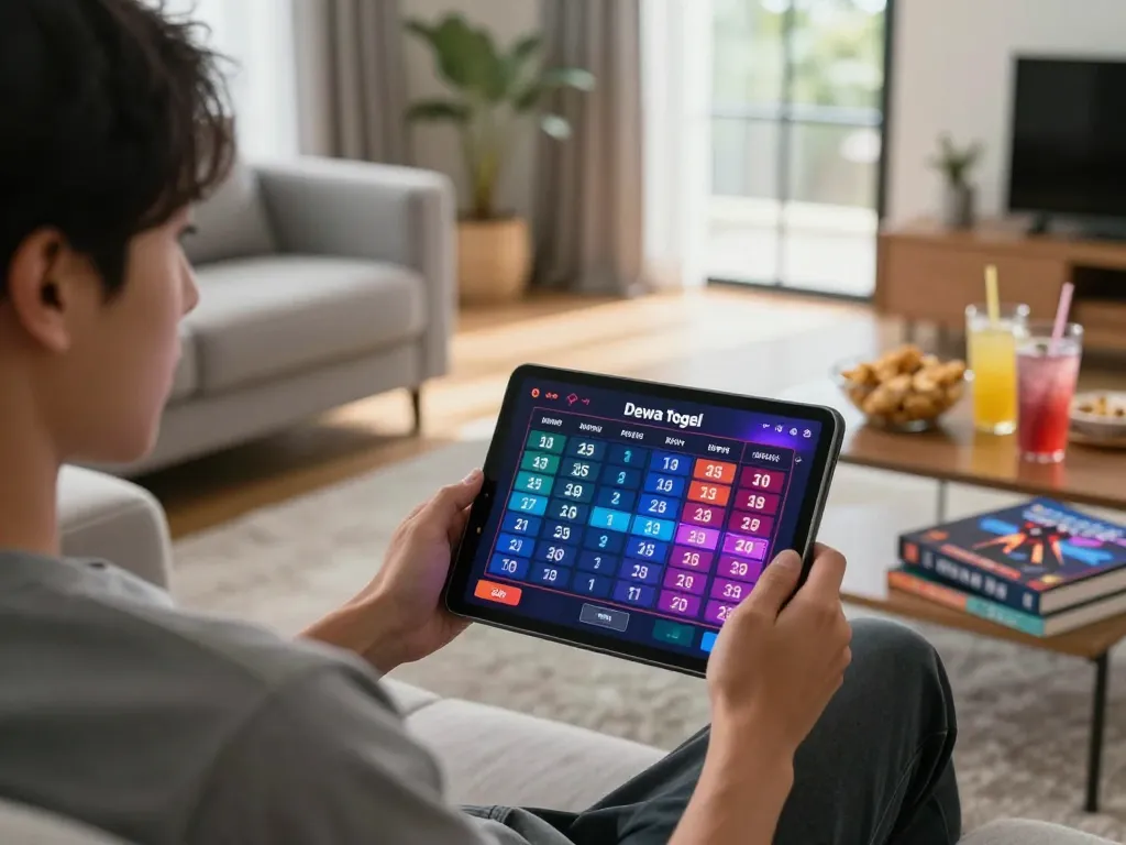 Dewa togel player strategizing online betting from a cozy home setup with tablet interface.
