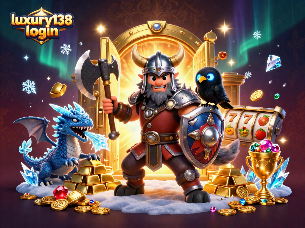 Login luxury138 dengan warrior serigala Viking, gulungan slot dan emas berkilau dalam ilustrasi 3D.