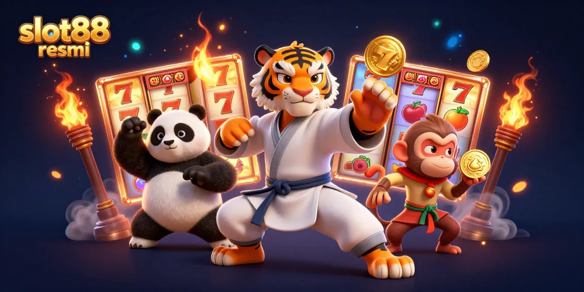Engage with slot88 resmi in a vibrant scene of luck and fortune, featuring a kung fu tiger master amidst dynamic slot symbols.