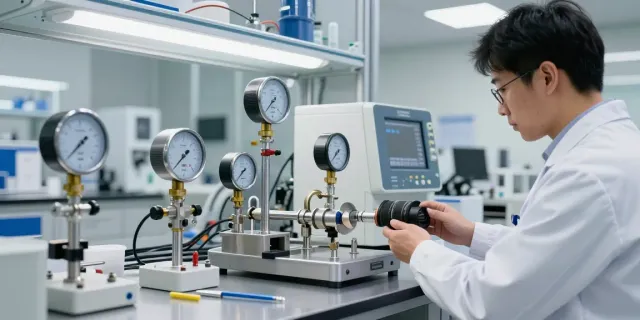 Coriolis flow meter calibration in a modern industrial laboratory demonstrating precise flow measurement technology.