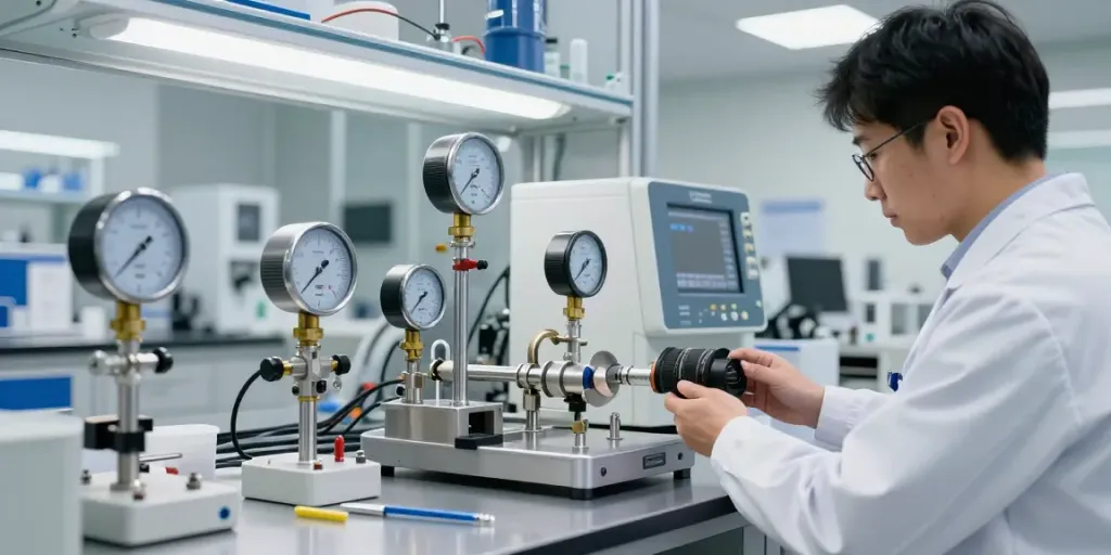 Coriolis flow meter calibration in a modern industrial laboratory demonstrating precise flow measurement technology.