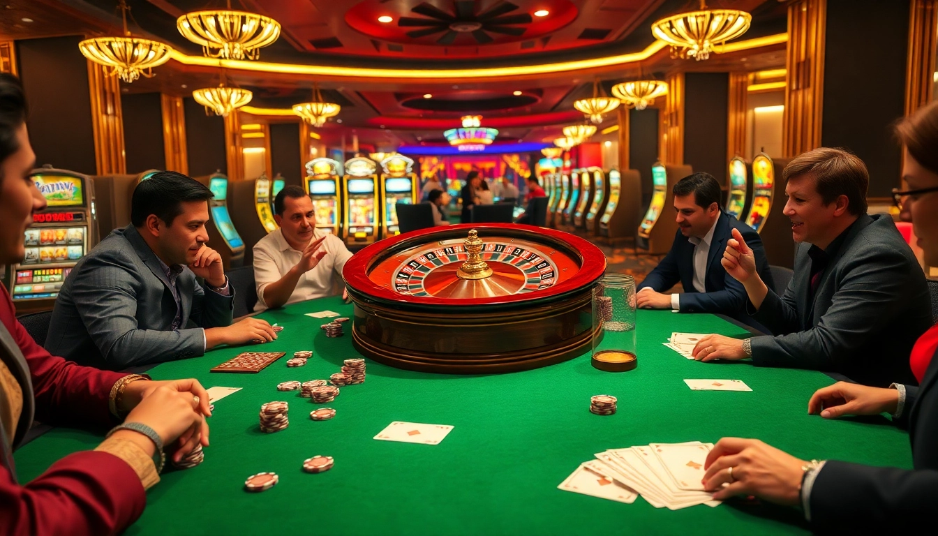 Pemain judi merasakan sensasi di kasino mewah yang menampilkan elemen Datukwin dengan roulette, chip, dan kartu.