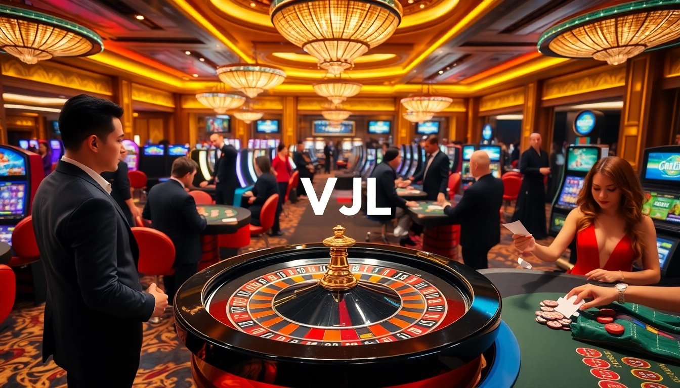 VVJL players exchanging chips at a luxurious casino table surrounded by slot machines.
