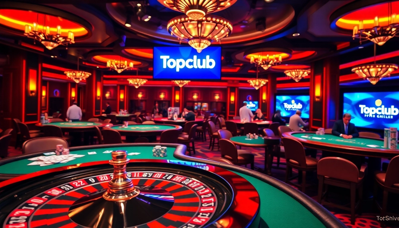 Players enjoy a thrilling gambling experience at Topclub casino, surrounded by poker chips and cards.