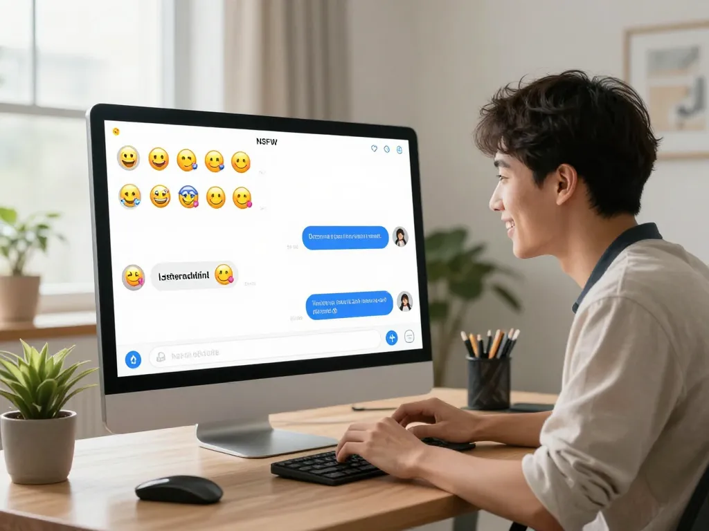 Engaging NSFW chat interaction with a lifelike AI character in a cozy home office setting.