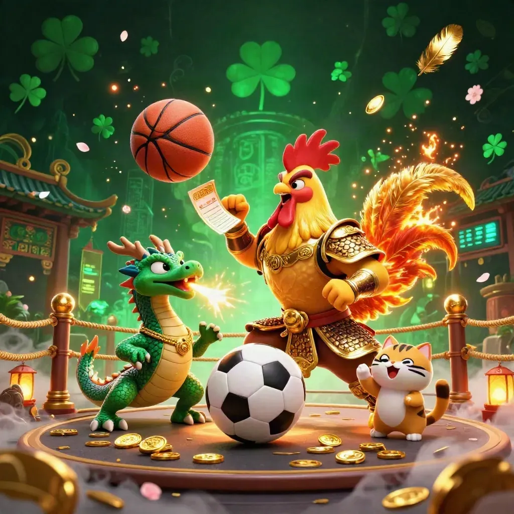 Fantasy rooster samurai, dragon hatchling, cat, and flying sports balls in a neon casino arena.