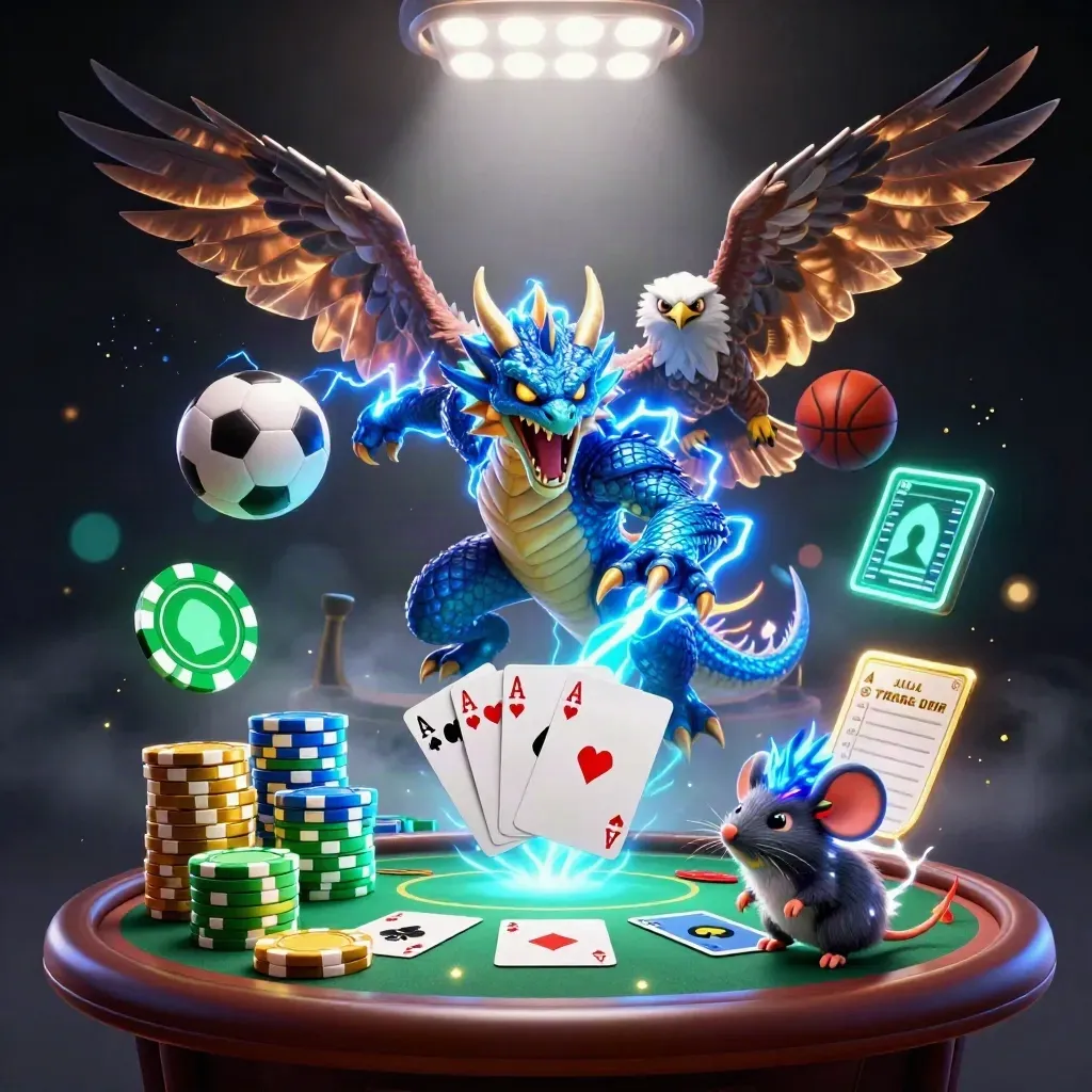 Electric dragon, hawk, and mouse burst around a soccer ball with poker chips and blue lightning.
