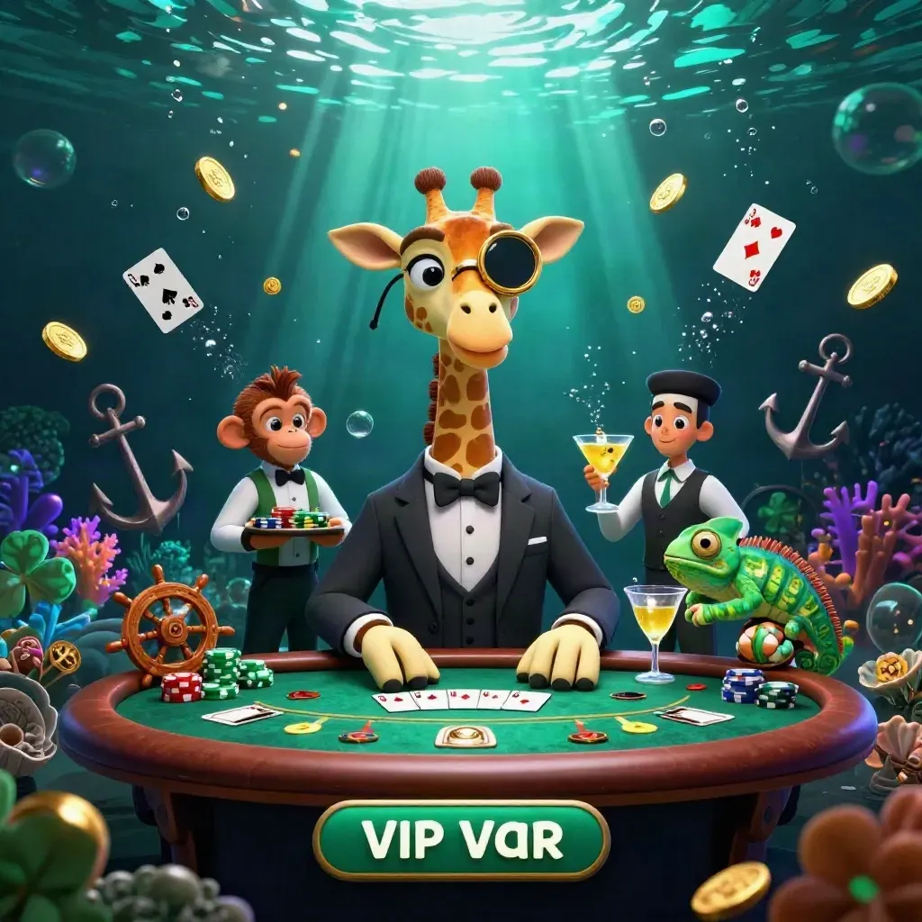 Giraffe, monkey, and chameleon at a glowing underwater poker table amid treasure and gold light.