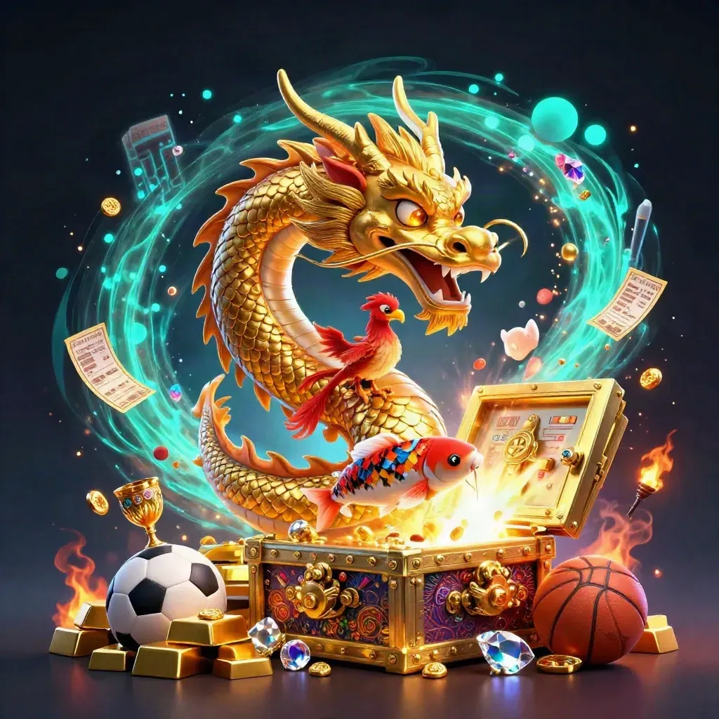 Golden dragon with phoenix and koi amid treasure, sports balls, and casino glow.