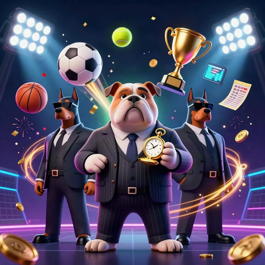 Bulldog mob boss and two Dobermans amid flying sports balls, gold coins, fireworks, and neon casino light.