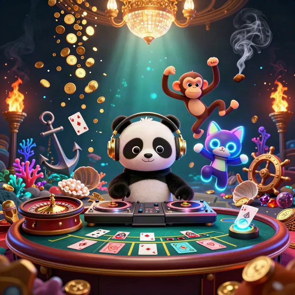 DJ panda, breakdancing monkey, and glow-stick kitten in a luxe casino-treasure cove