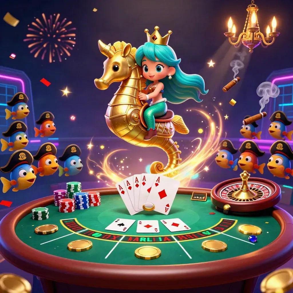 Mermaid princess on a golden seahorse amid poker, roulette, casino glow, confetti, and fireworks.