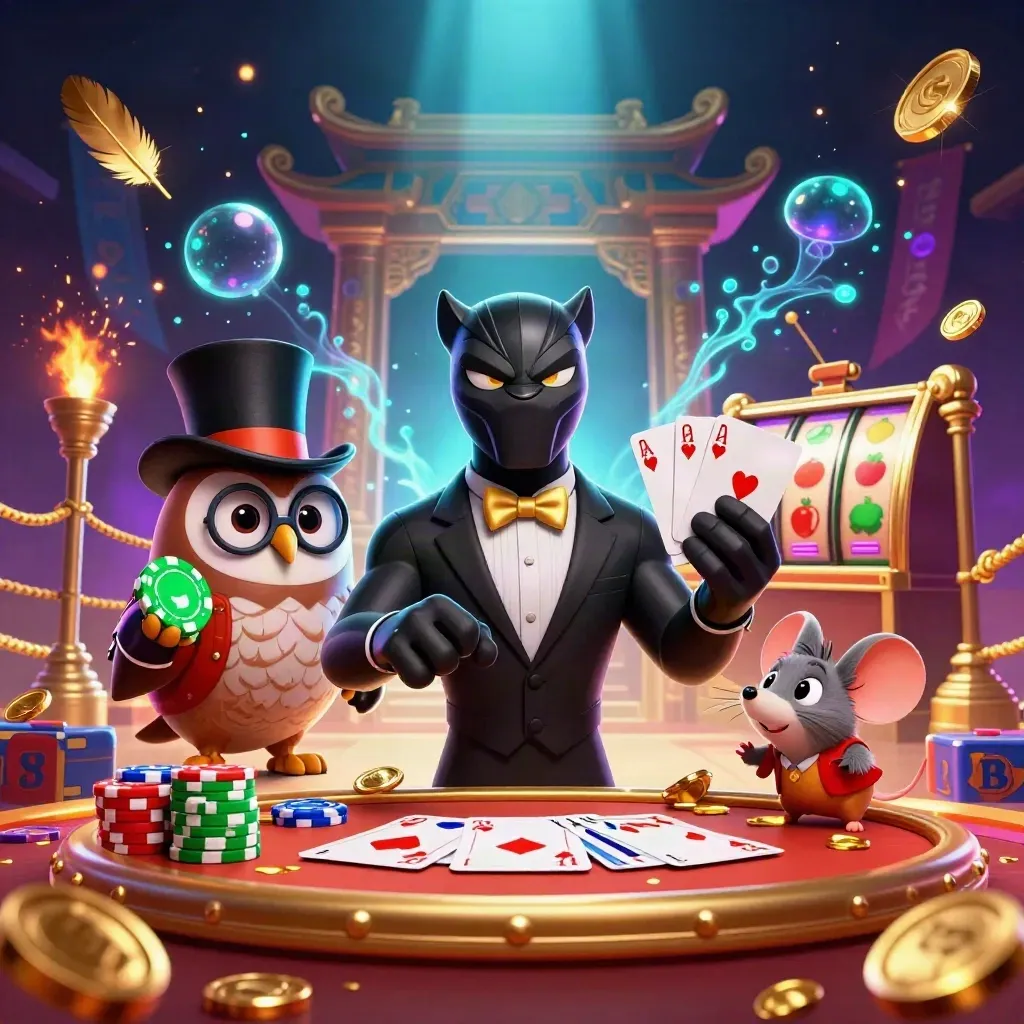 Panther dealer, owl chipmaster, and lucky mouse in a neon casino action scene with treasure bursts.