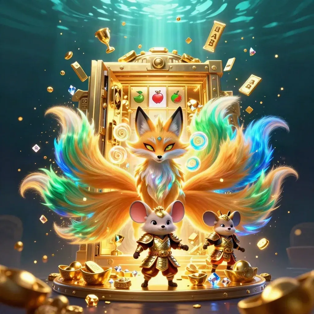 Fox spirit and armored mouse unleash treasure from a glowing vault amid gems and casino symbols.