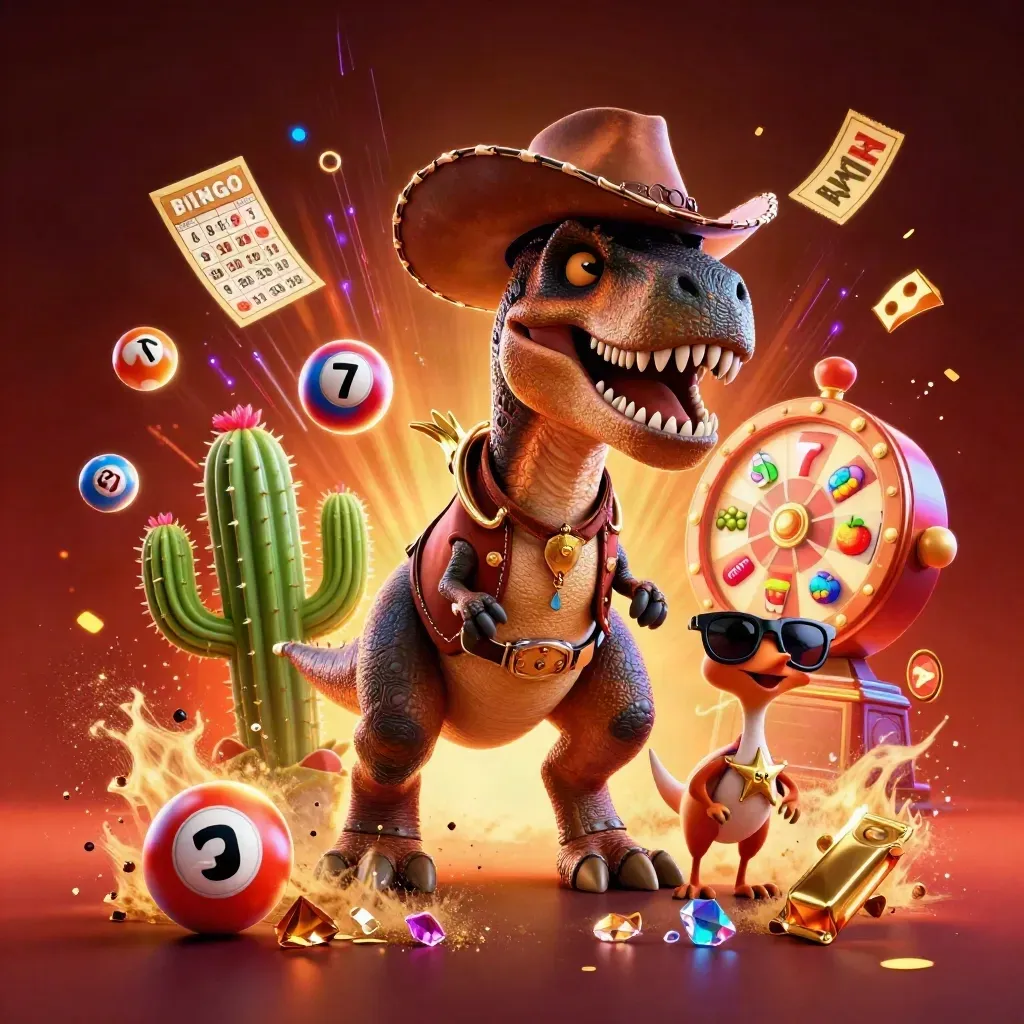 Cowboy T-Rex, cactus sidekick, and sheriff roadrunner amid casino bursts and glowing gold energy.