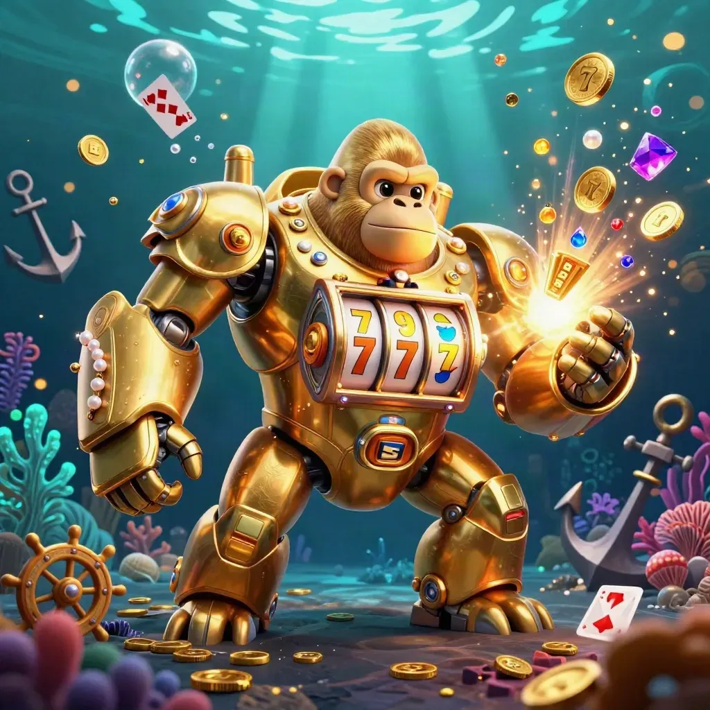 Golden gorilla mech with monkey pilot bursts coins and gems in an underwater treasure cove.