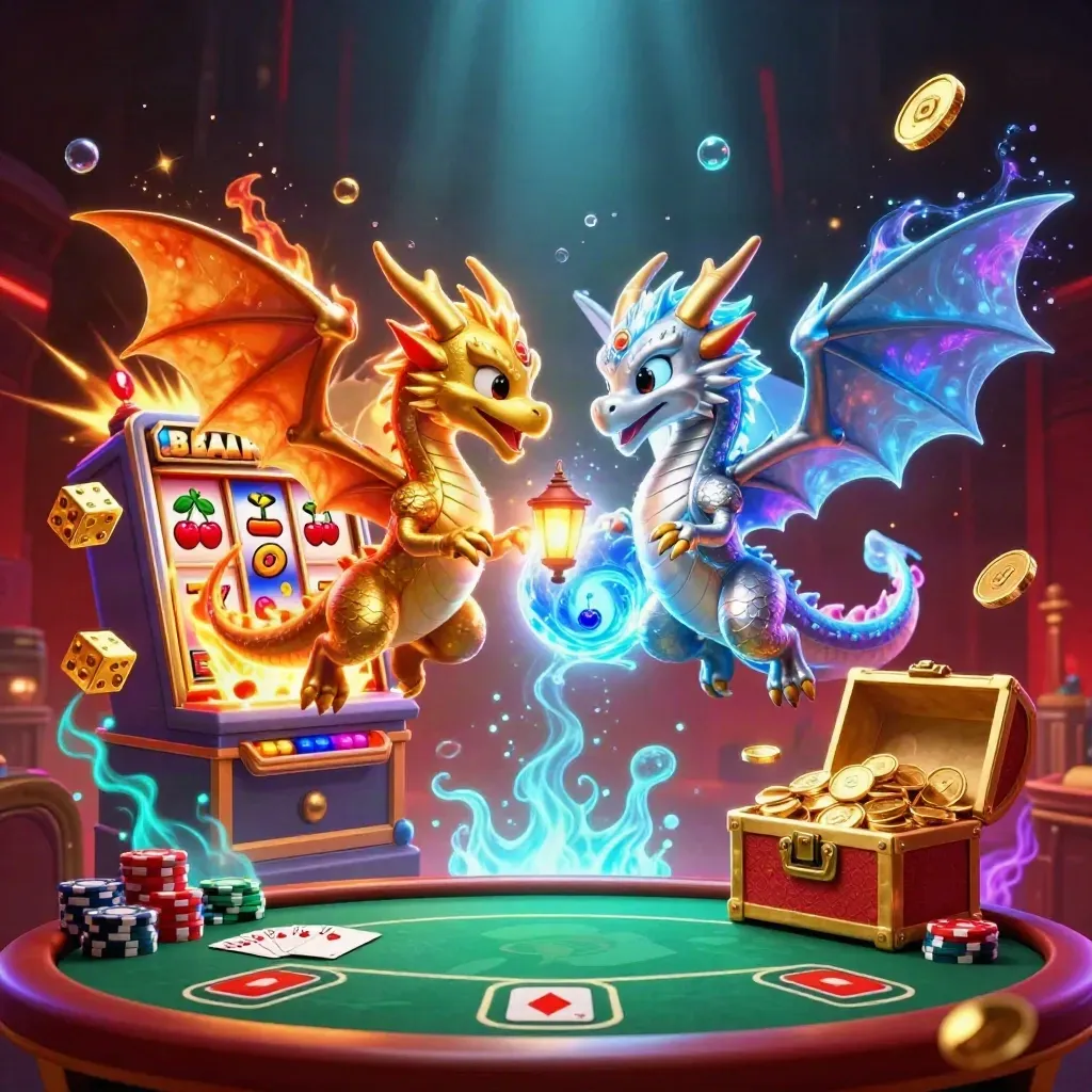 Twin gold and silver dragons burst with slot coins, chips, and poker cards in a luxe casino scene.
