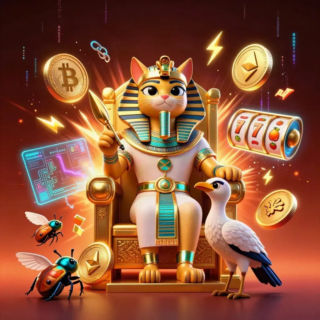 Pharaoh cat on golden throne with ibis scribe, scarab beetles, and glowing crypto casino chaos