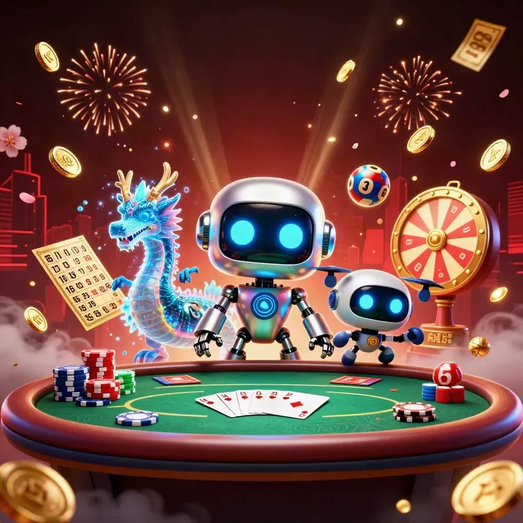 Cyberpunk robot, AI dragon and coin drone amid casino treasure, poker chips, fireworks and coins.
