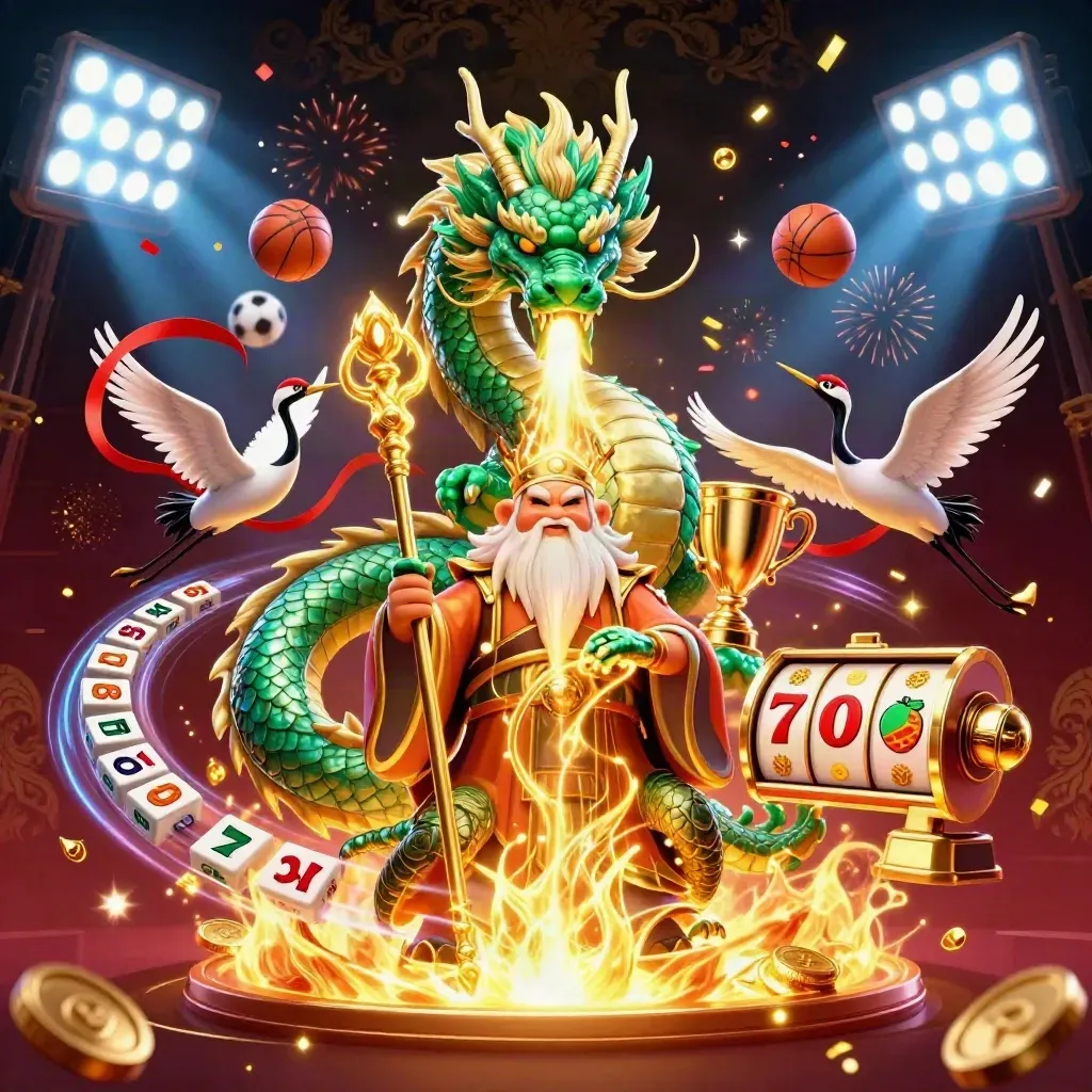 Emerald dragon, turtle sage, and cranes amid casino effects on a dark luxe background.