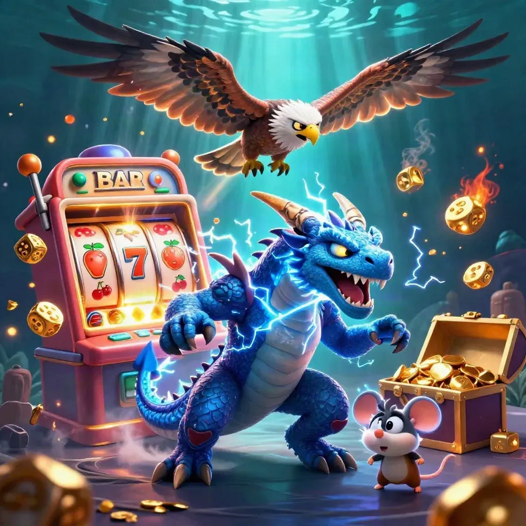 Thunder dragon, wind hawk, and static mouse amid exploding slot machine and gold in neon blue casino art