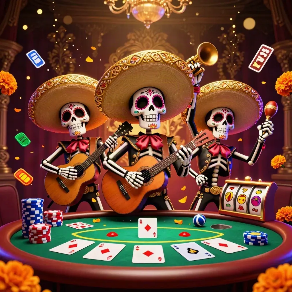 Festive skeleton mariachi trio with poker and slot effects in a luxury casino glow.